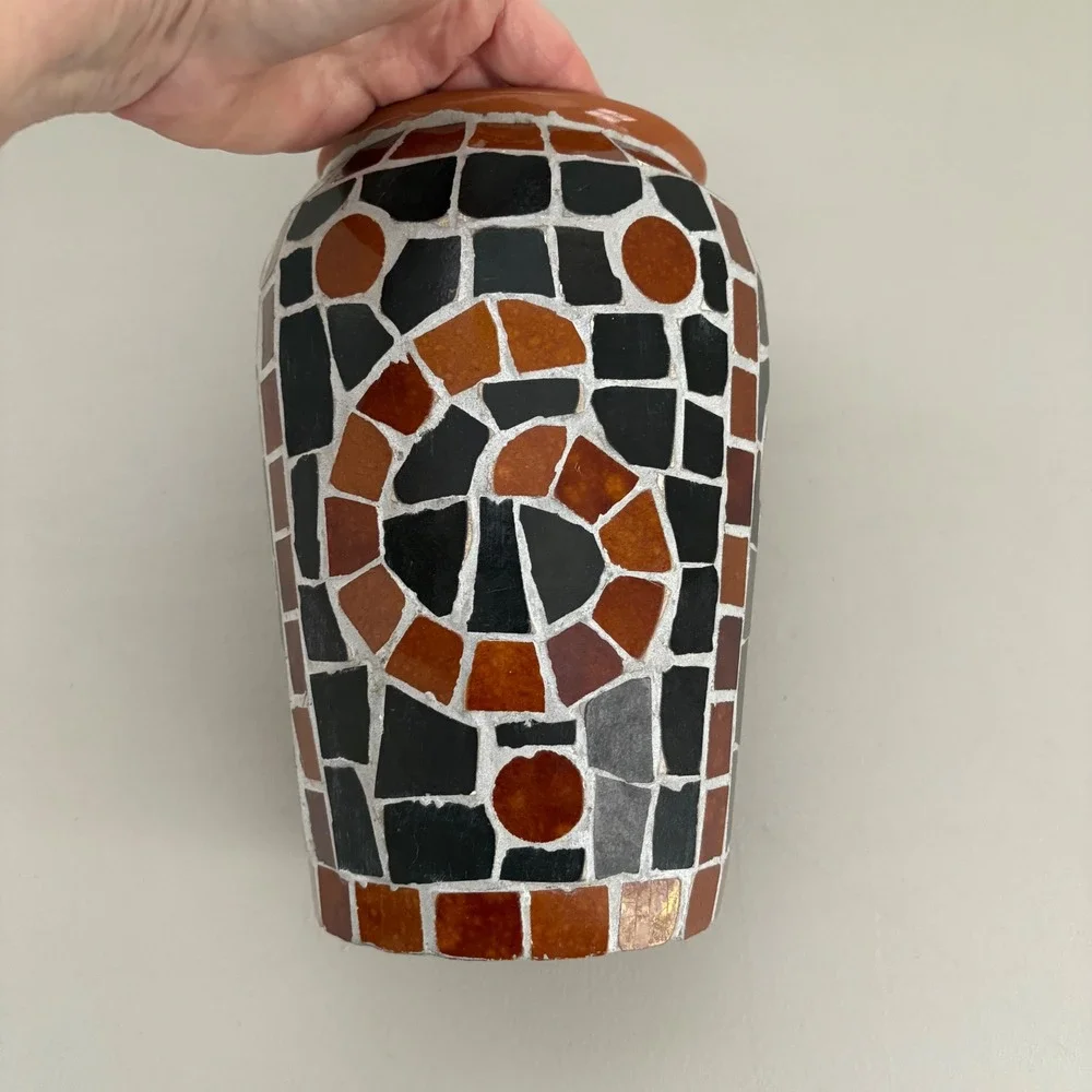 Handmade‎ Mosaic Tile Vase Terracotta Geometric Spiral Earth Tones Boho Decor 9